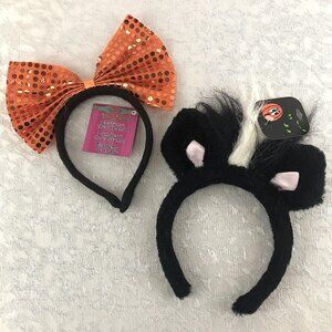 Halloween Costume Headbands (Set of 2): Skunk Ears & Sparkly Big Orange Bow NWT